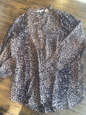 Womens Long-Sleeve Animal Print Blouse in Taupe and Black